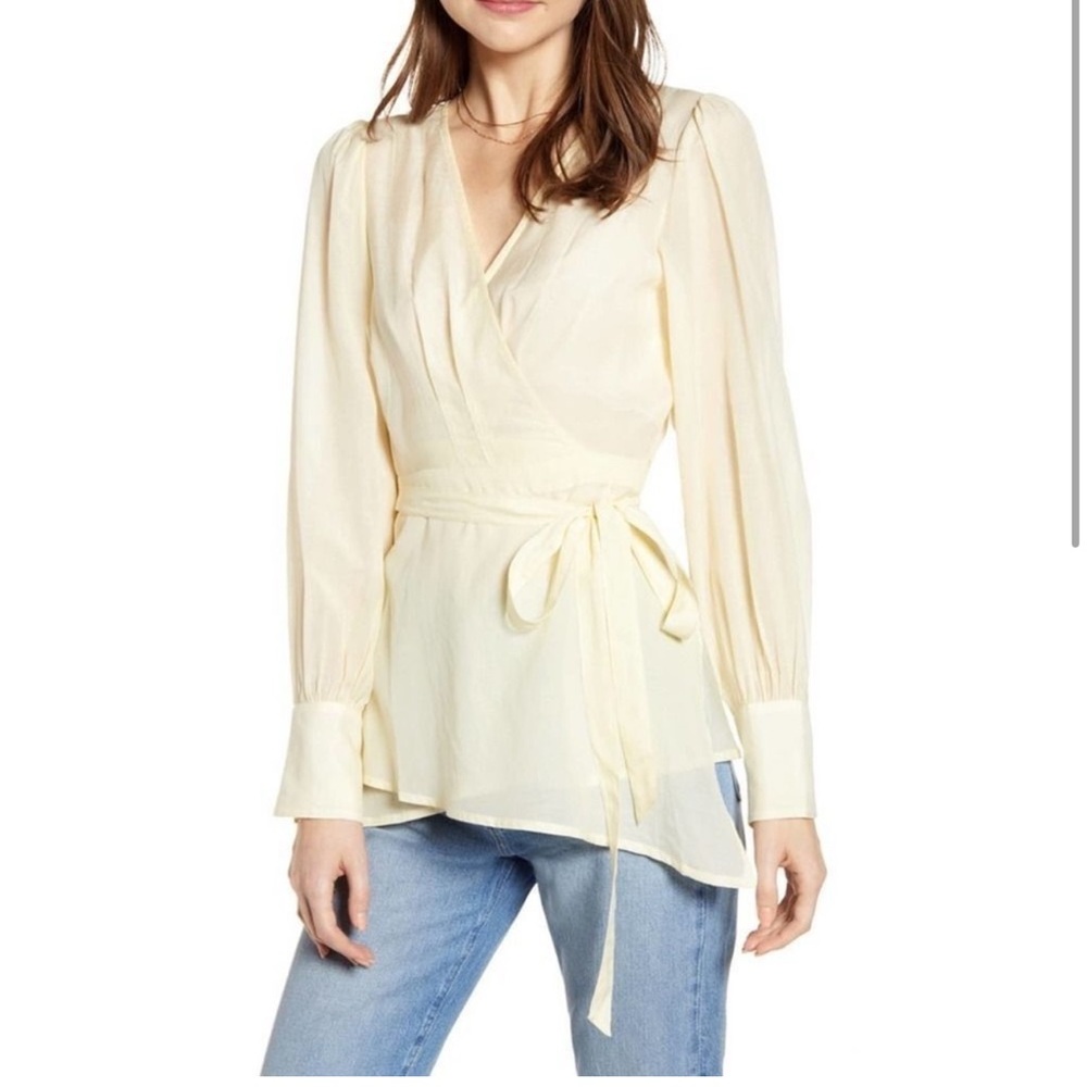 Something Navy Wrap Surplice Front Long Sleeve Blouse